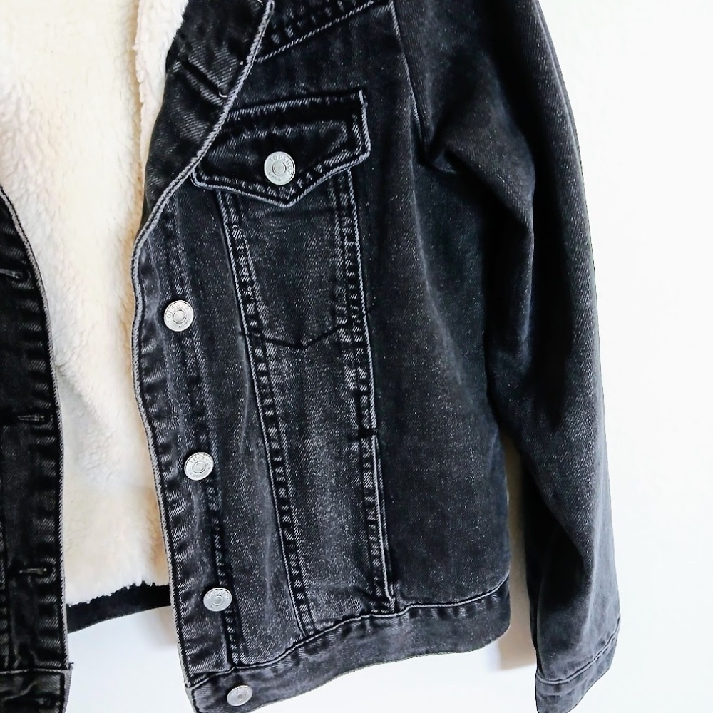 Topshop Black Denim Sherpa Moto Jacket - Picture 5 of 8